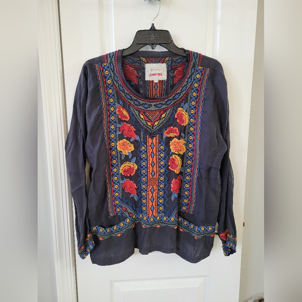 Johnny Was BIYA Abira Embroidered Cupra Blouse Top Charcoal Black Size Small